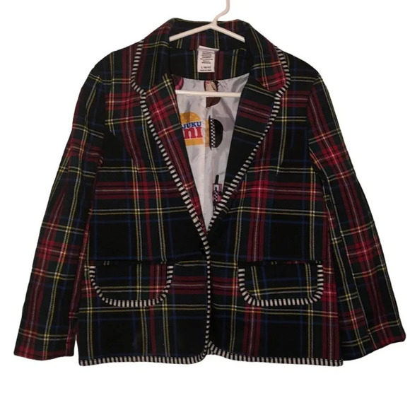 Harajuku mini gwen stefani sz L 10/12 girls tartan plaid pockets jacket/Blazer - Picture 1 of 7
